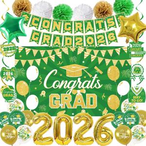 Vlipoeasn Green Gold 2026 Graduation Party Decorations Set, 2026 College/High School Graduation Decorations Party Supplies, Class of 2026 Congrats Grad Backdrop Banner