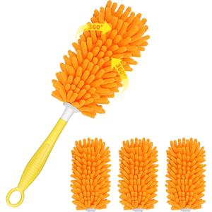 SetSail Dusters for Cleaning Compatible with Swiffer Small Microfiber Duster Refills 4pcs Reusable Duster Refill with 1 Handle Washable Duster Cleaner Kit for Furniture, Car Interior, Blind (Orange)