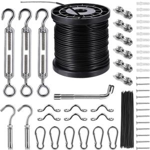 String Lights Hanging Kit,Globe String Lights Suspension Kit,Outdoor Light Guide Wire,Includ 164 FT Nylon-Coated Stainless Steel Wire Rope Cable,Turnbuckle and Hooks,Enough Accessories,Use Manual