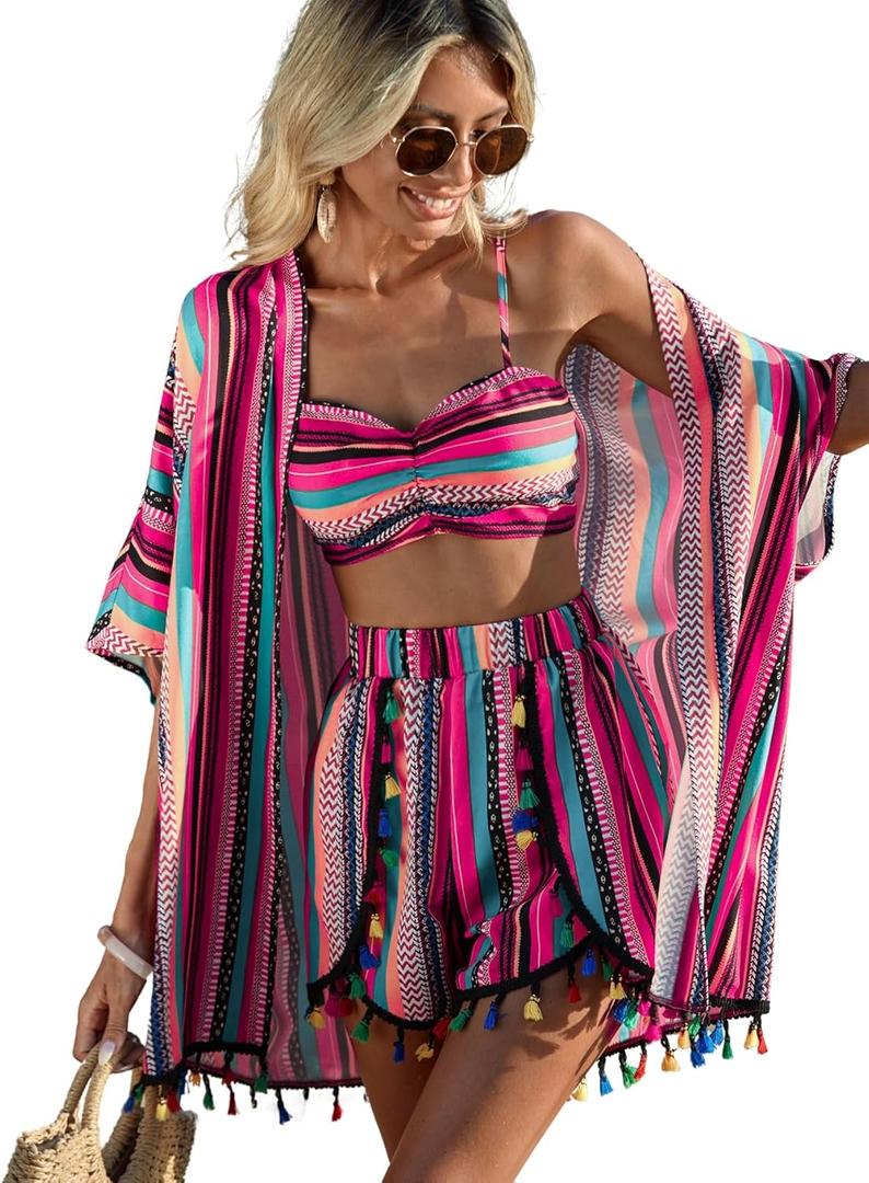 Verdusa Women's 3 Piece Outfits Short Sleeve Open Front Kimono and Boho Cami Top and Tassel Trim Tropical Shorts Set (Pink)