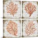 Orange Coral Canvas Set of 4 Ready to Hang Ocean Beach Wall Art for Bedroom Bathroom Framed Watercolor Prints Marine Plants Pictures Home Decoration Each Panel 16x16inch (Medium)