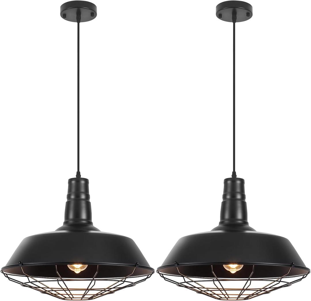 Black Farmhouse Pendant Light, 18.1 Inch Large Pendant Lights Kitchen Island, Industrial Pendant Light with Wire Cage, Barn Light 2 Pack, Island Pendant Lights for Kitchen Barn Dining Room