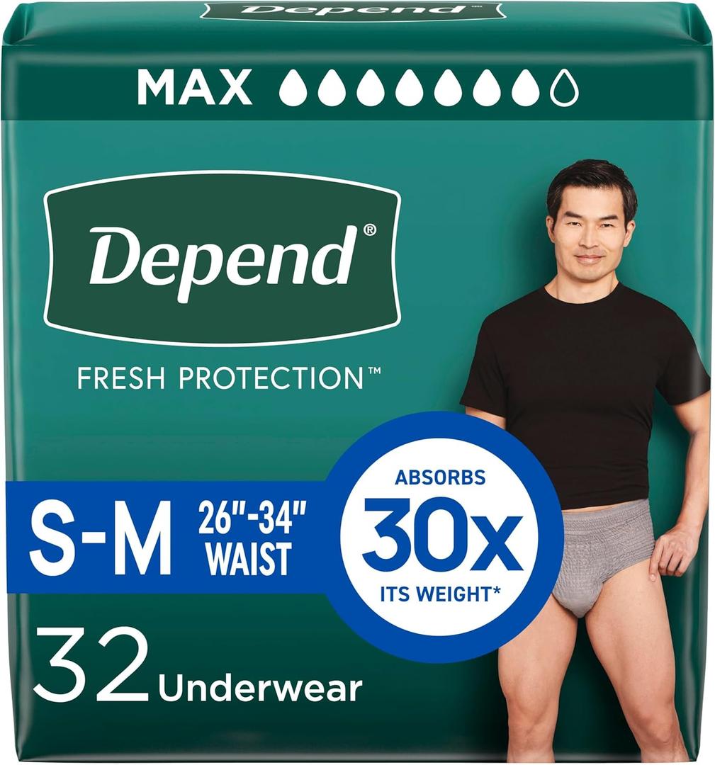 Depend Fresh Protection Adult Diapers, Incontinence Underwear for Men, Disposable, Maximum, Small/Medium, Grey, 32 Count, Packaging May Vary