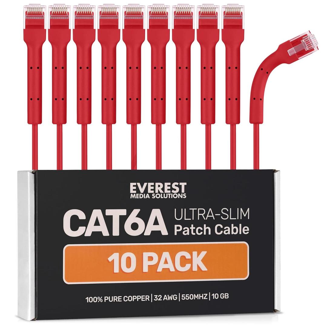 Everest Ultra Slim Cat6a Ethernet Patch Cables 1ft (10-Pack) Red - 10GB Cat 6a Patch Cable - Bendable, Flexible & Thin Ethernet Cable - Space Saving 32AWG 550MHZ Cat6a Cables - 100% Copper Wires