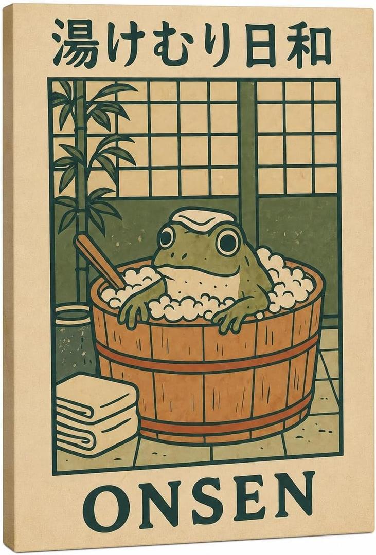 JMBHWD Japanese Canvas Wall Art, Funny Bathroom Wall Art Decor Cute Frog in Bathtub Picture Painting Wall Decor Bathroom for Toilet Shower Room Home Decoration 12x16inch
