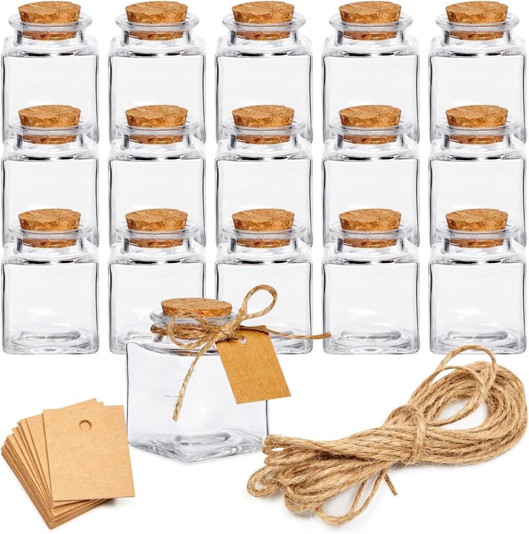 BLUE PANDA 15 Pack Small Glass Bottles with Cork Stoppers - Mini Jars with Cork Lids, Twine, and Blank Tags for Crafting & Spices - Small Bottles 1.7 Oz (50ml)