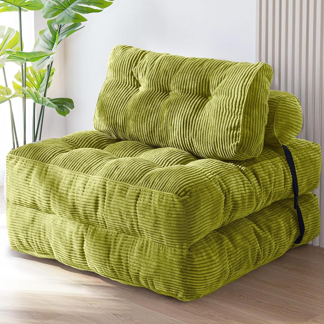 MAXYOYO Folding Sofa Bed, Convertible Sleeper Chair with Pillow Foldable Mattress with Back Support, Portable Fold Out Chair Bed Comfy Floor Sofa Lounge for Living Room Bedroom, Beige, Green, Single