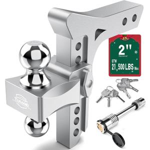 Adjustable Trailer Hitch -8 Inch Drop Hitch (Fits 2-Inch Receiver), 21,500 LBS GTW Heavy Duty Aluminum Tow Hitches, (2'' & 2-5/16'') Chrome Steel Tow Balls & 2 Anti-Theft Locks