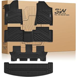 3W Floor Mats & Cargo Liner Fit for 2024 2025 2026 Hyundai Santa Fe (Not for Hybrid) 7 Seats, Full Set Floor Liner TPE All Weather Heavy Duty Car Accessories, Anti-Slip