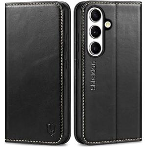 SHIELDON Case for Galaxy S25 6.2" 2025, Genuine Leather Folio Wallet Case RFID Blocking Card Holder Folio Magnetic Stand Shockproof Protective Cover Compatible with Galaxy S25 - Retro Black