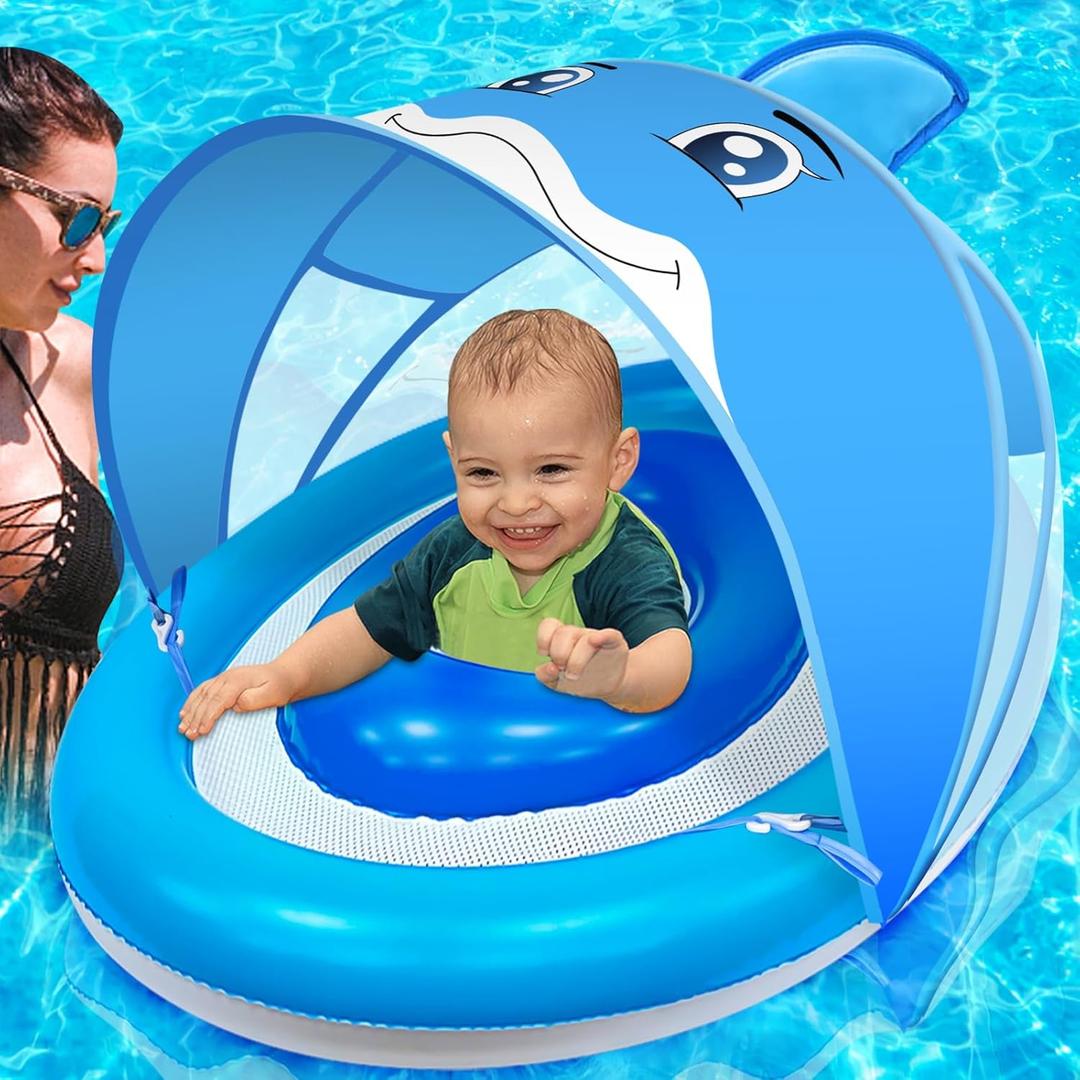 AMENON Dolphin Inflatable Baby Pool Float for Toddlers 6-36 Months with UPF50+ 4 Stage Adjustable Sun Canopy, Non-Flip Safety Seat, Dual Air Chambers, Infant Swim Training Float for Pool