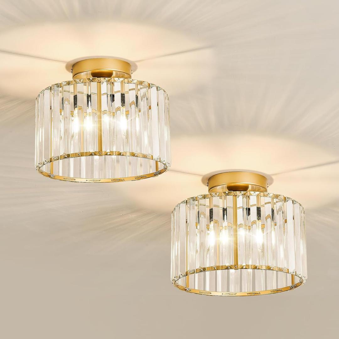 CVKASH 2 Pack Gold Crystal Semi Flush Mount Ceiling Light,Vintage Mini Ceiling Light Fixture Metal Close to Ceiling Lamp for Hallway Kitchen Living Room Bathroom Entryway Bedroom Closet