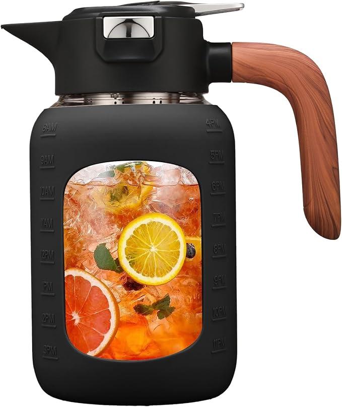 84 oz/2.5 Liter Glass Pitcher with Lid and Handle, Glass Carafe/Jug for Hot/Cold Water, Large Iced Tea Pitcher for Coffee, Juice and Homemade Beverage, Black