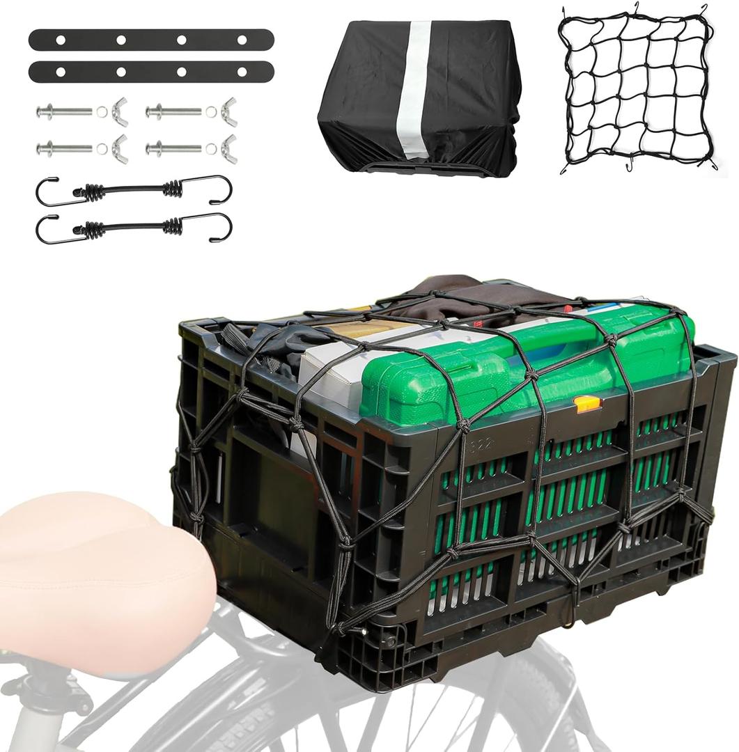 Bike Foldable Rear Basket, Rear Bicycle Cargo Rack, Ebike Storage Rear Basket with Large Capacity, Cargo Net and Rainproof Cover, Easy to Install. Resistant to Heat & Corrosion
