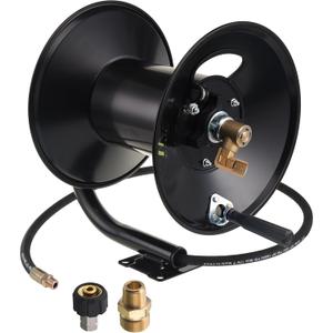 M MINGLE High Pressure Washer Hose Reel 150ft, Heavy Duty Steel Hose Reel, Manual Crank Power Washer Hose Reel with 3/ 8" Pressure Wash Whip Hose, Swivel Arm and Mounting Bracket, 4000 PSI