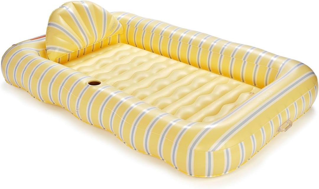 FUNBOY Tanning Pool Lounger Float Yellow & Blue Stripe, XL 72" x 48" with Pillow and Large Cup Holder