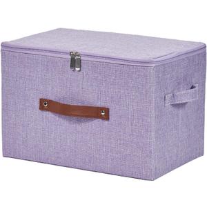 Storage Bins with Zipper Lid Cotton Linen Fabric Lidded Storage Baskets Boxes Foldable Washable Closet Shelf Clothes Organizer Container with PU Leather Handles (Purple, Large)