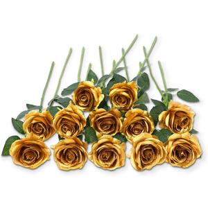 12 PCS Artificial Flowers Gold Roses Fake Silk Flower Long Stem Artificial Roses for Home Wendding Bathroom Party Decorations (Gold)