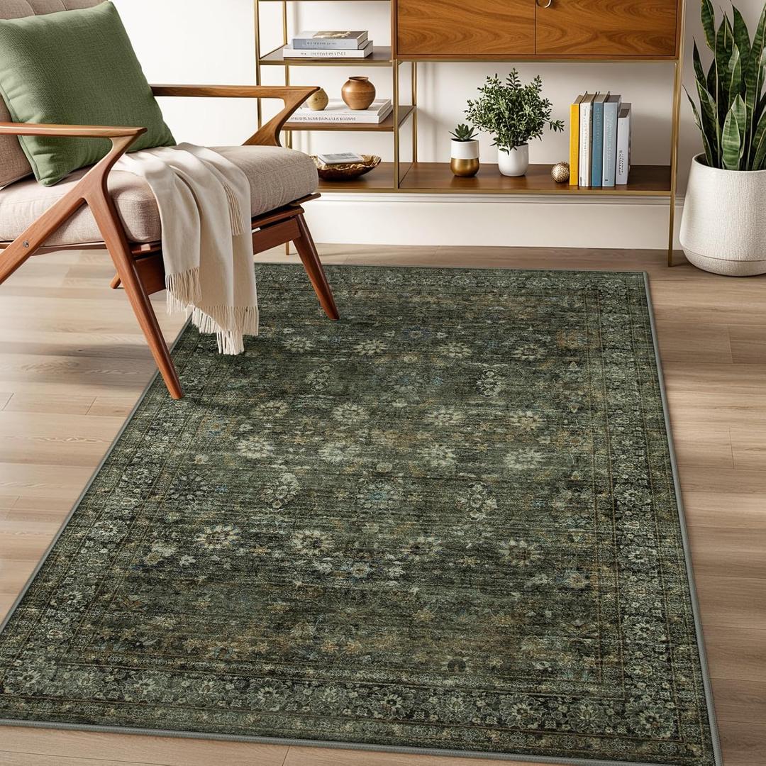 Green Boho Washable 3x5 Kitchen Rug Non Slip,Vintage Indoor Mats for Entryway,Low Pile Small Rugs for Bedroom Throw Carpet for Entrance Bathroom Laundry Room Home Decor (3 x 5 Dusty Green)