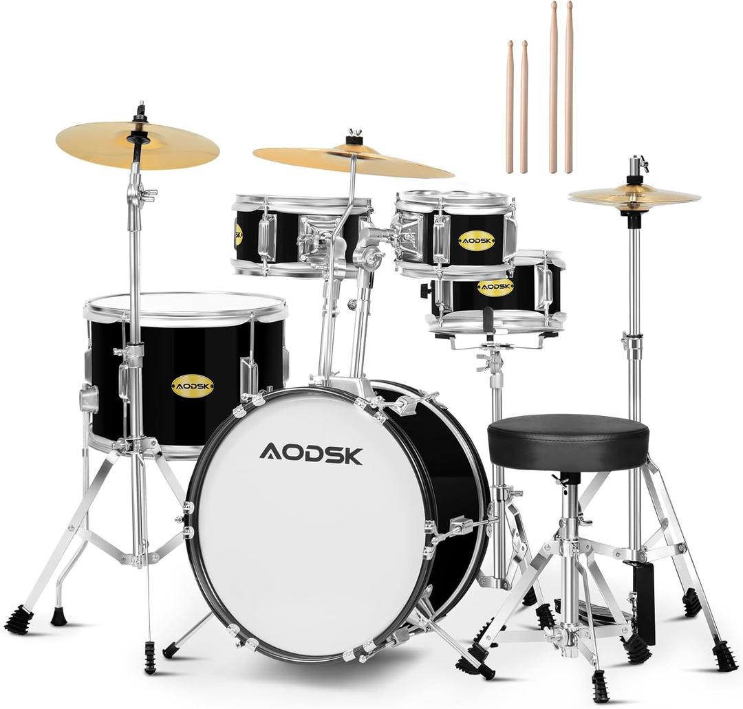 AODSK 5 drums & 3 cymbals 14 Inch Drum Set, Complete Kit w/Throne & Sticks