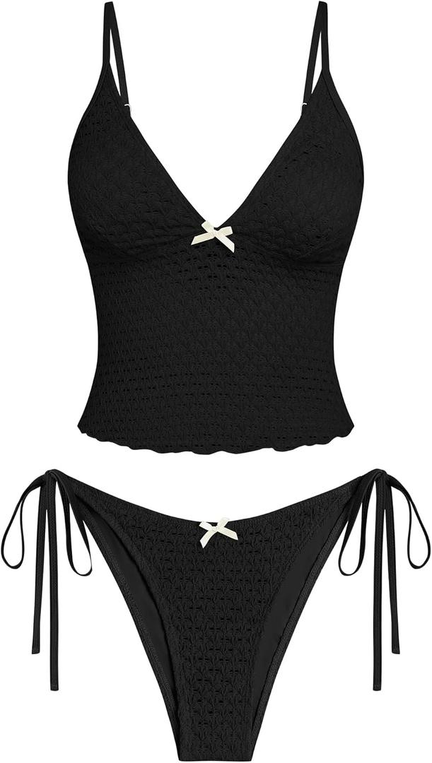 ZAFUL Tankini Swimsuits for Women Lace Jacquard Bowknot Decor Tummy Control High Cut Tanga Tankini Set, Large
