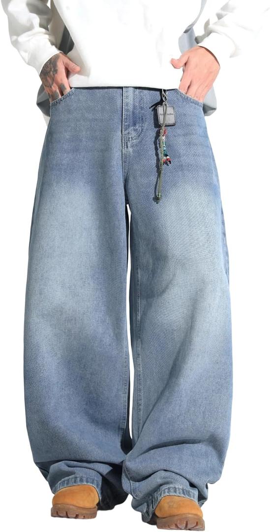 Men's Baggy Y2K Hip Hop Street Jeans Wide Leg Denim Pants Loose Fit Long Trousers (Large, F10 Blue)