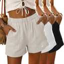 3 Pack Women's Linen Shorts | Elastic Waist, Lightweight, Beach Shorts, with Side Pockets, Casual Summer, Daily Wear,Vacation (Black, L)
