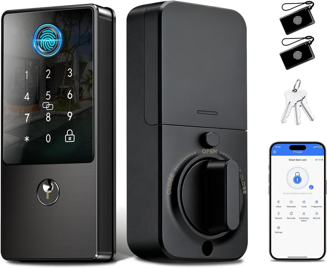 Biometric Smart Lock with App Control & Keypad  Keyless Entry Deadbolt for Front Door & Airbnb Hosts  0.3s Fingerprint Unlock, Auto-Lock, Anti-Peep Code  Matte Black (Fits Standard US Doors)