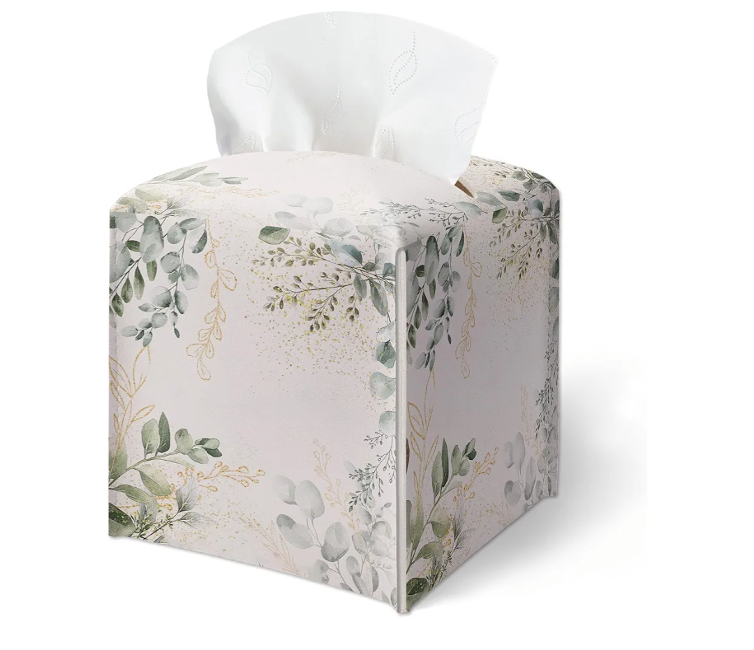 Tissue Box Cover, Watercolor Greenery Prints Tissue Box Cover Square-Waterproof Leather, Desktop Decor for Living Room Office, Aesthetic Home Decor, Gift for Women & Friend, 5 x 5 Inches-A07