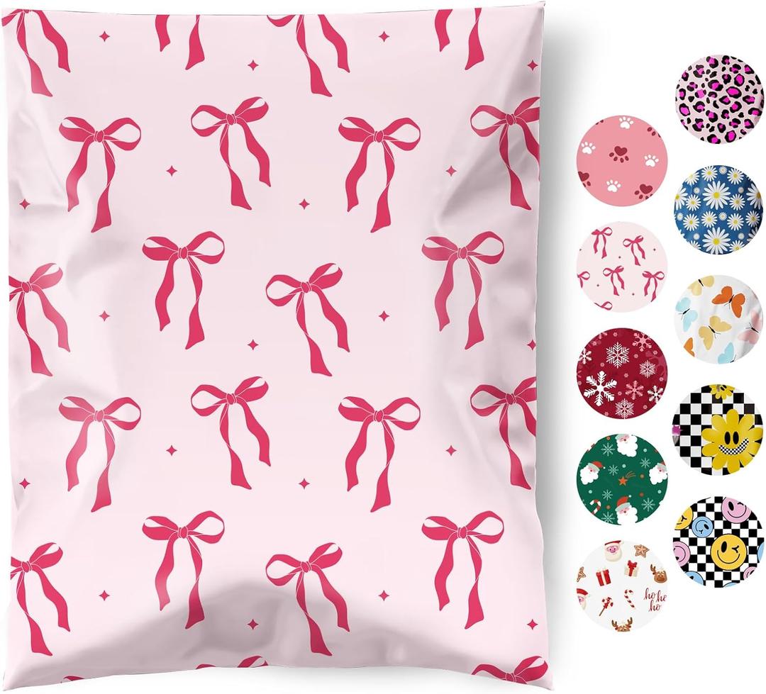 Fuxury Poly Mailers 10x13 Inch 50Pcs Shipping Bags for Clothing Strong Adhesive Shipping Envelopes for Small Business Self Seal Pink Bows Poly Bag Mailing Envelopes