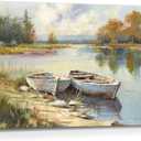 the stream design Lake Wall Art Canvas Painting: Landscape Nature Picture Textured Boat Print Decor Living Room Bedroom Artwork Decoration, 24"L x 16"W