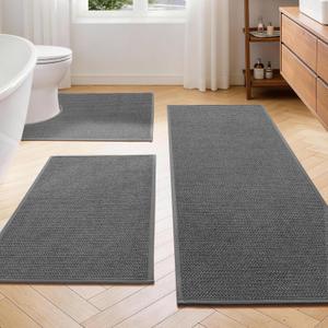 YIHOUSE Dark Gray Bathroom Rugs Sets 3 Piece, Quick Dry Non Slip Thin Bath Mat with Toilet Rug, Absorbent Machine Washable Bath Runner Rugs for Bathtub Sink Home Decor