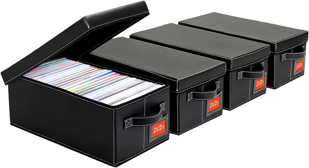 DVD Storage Box – Black Faux Leather DVD Case with Lid – DVD Shelf Organizer for 25 Standard DVD Cases – Foldable & Stackable Media Storage Solution-4Pack