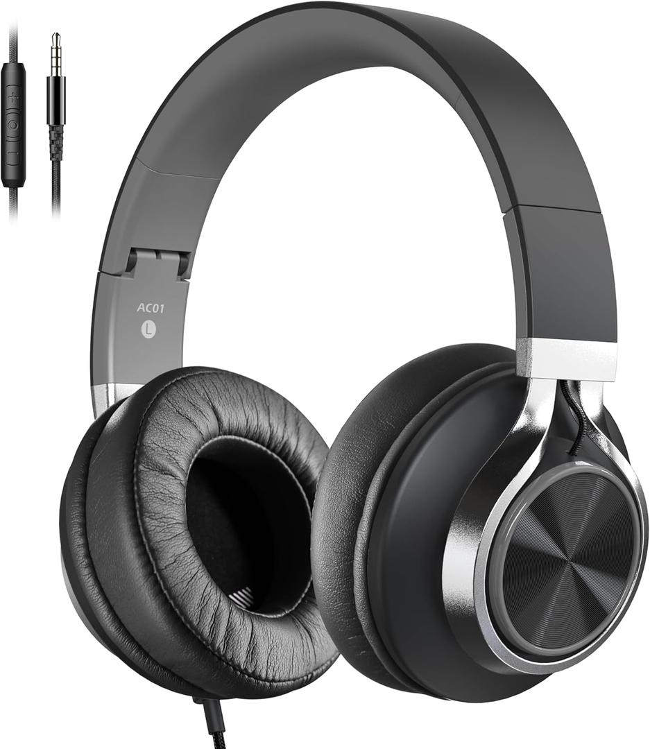 AC01 Headphones Wired Over Ear, Corded Stereo Headsets with Microphone Volume Control for Adults Teens Kids 3.5mm for Cellphones, Tablets, Laptop, Chromebook (Black Grey)