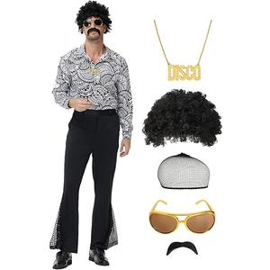 70s Outfits for Men, 7Pcs Disco Costume Include Retro Shirt Bell Bottom Pants Wig Sunglasses Necklace Wig Cap for Disco Party,  Black - B