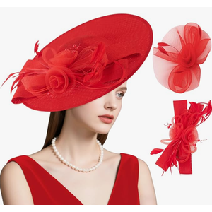 dressfan Wide Brim Fascinator Derby Hats for Women,20s Detachable Flower Hat with Headband for Derby Church Wedding Tea Party