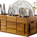 Acacia Silverware Caddy for Parties, Utensil Caddy with Paper Plate Dispenser, 4-Compartment Cutlery Flatware Organizer for Spoons, Forks, Napkins - Natural Wood Finish