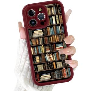 Bookshelf Phone Case for iPhone 16 Pro Max Burgundy Wine Red Vintage Bookcase Style Case 6.9", Cute Aesthetic Fall Autumn Pattern Design Girly Women Cover Shockproof Soft TPU Protective Funda