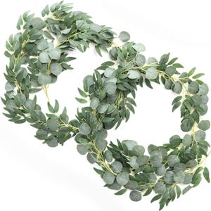 Ling's moment Eucalyptus Garland for Table, 5.9ft Green Fake Eucalyptus Wreaths with Willow, 2pcs Real Touch Leaf Garland for Wedding Centerpieces Arch Rehearsal Dinner Bridal Shower