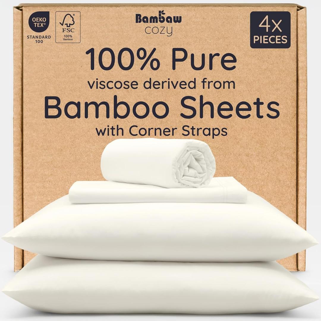 Bambaw 100% Viscose Derived from Bamboo King Size Bed Sheet Set - 4pcs Luxury Cooling Sheets for Hot Sleepers, Soft Sheets, Fits Up to 16'' Deep Pocket (Ivory)