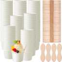 100 Pcs Paper Ice Cream Cups Frozen Yogurt Cup with Spoons 4 oz Disposable White Dessert Bowls Dessert Supplies Mini Wooden Spoons
