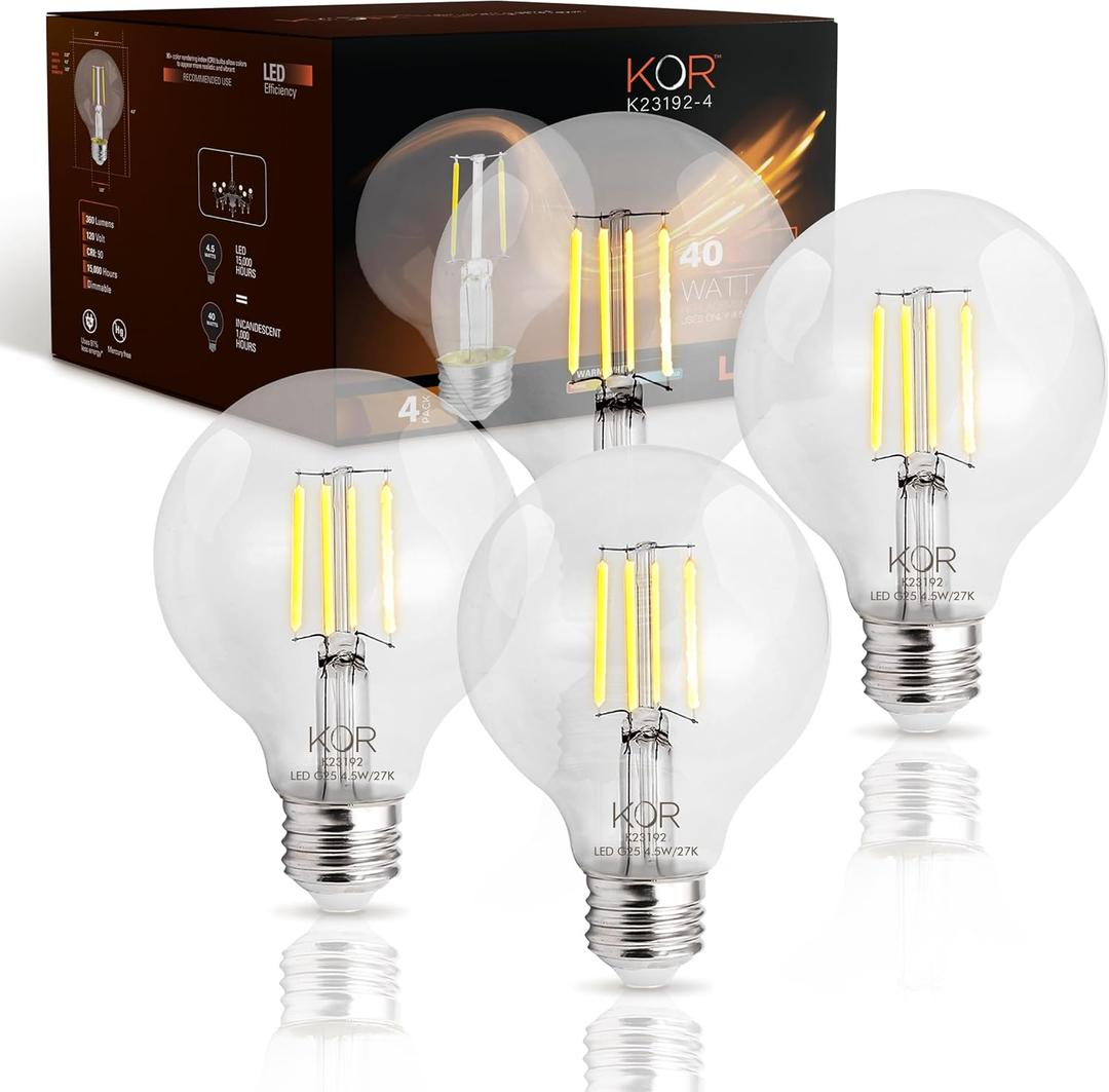 KOR 4 Pack 4.5W (40W Equivalent) Clear G25 Globe Led Light Bulbs 2700K Warm White Dimmable Filament Vintage LED Globe E26 Base Dimmable for Bathroom Vanity Bedroom Pendant
