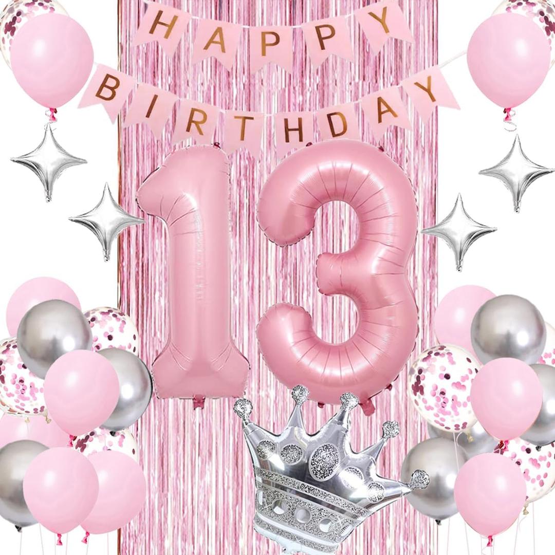 Happy 13th Birthday Decorations - Pink & Silver Balloons, Fringe Curtain, Crown Star Balloon for Her 13 Years Old Princess Party