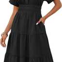 Wenrine Womens Summer Short Sleeve Maxi Dresses Casual V Neck Smocked Loose Tiered Flowy Shirt Dress with Pockets (Black, XL)