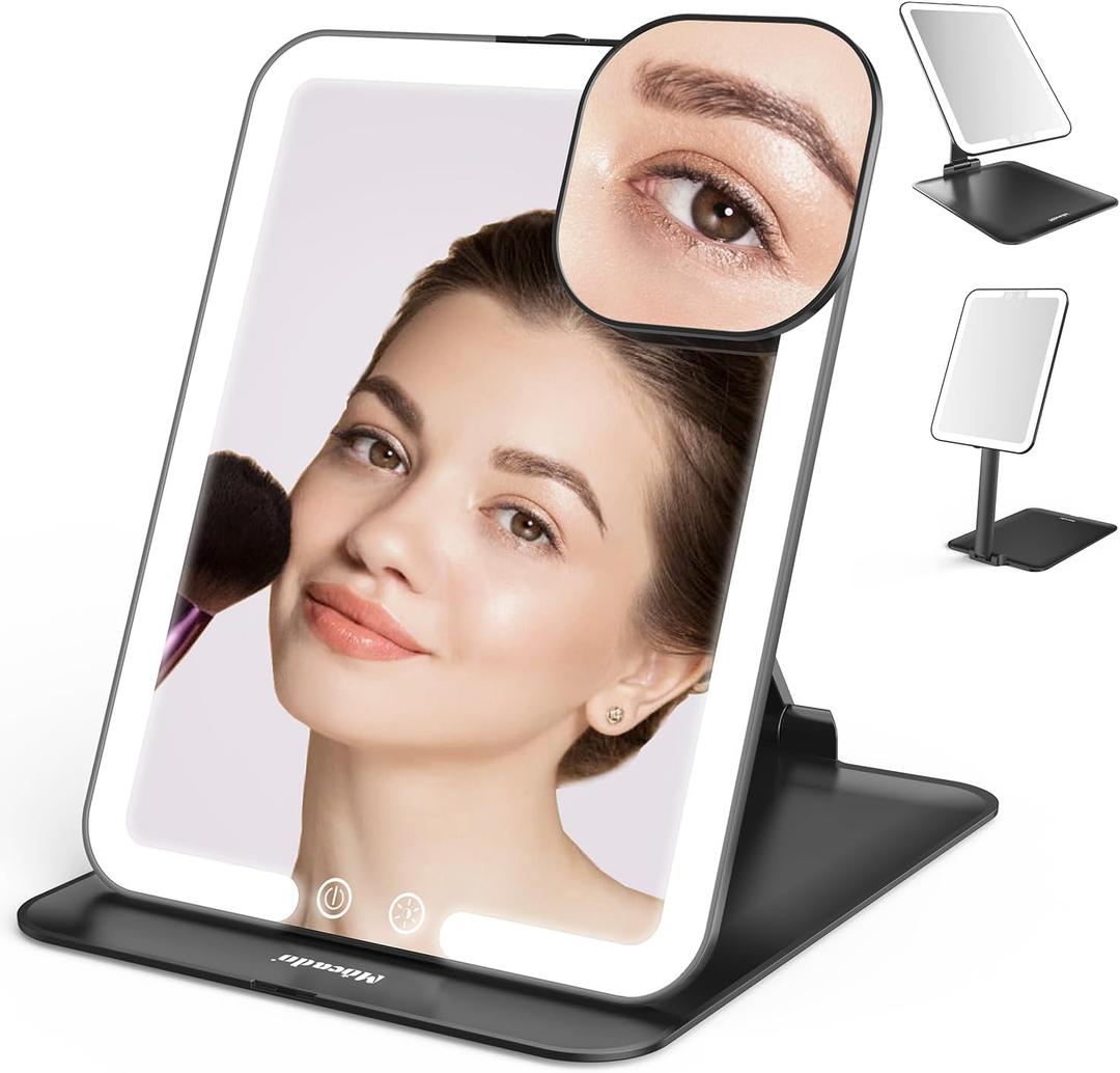 Mocado Travel Makeup Mirror with Light, Tripple Folding Vanity Mirror with Lights, 3 Colors Lighted Makeup Mirror, 1500mAh Rechargeable, Memory Function, Freely Adjust Height and Angle(Black) (8"L x 6"W)