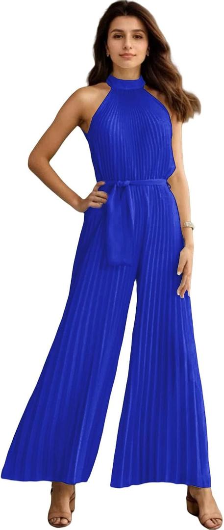 Elegant Grace Fashions Wedding Guest Dress Prom Dress Chiffon Jumpsuits Ankle Length Halter Neck Sleeveless 2025 XL (Royal Blue)