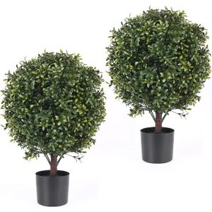 21 Inch Artificial Topiary Boxwood Ball Trees  Decorative Fake Greenery in Planter Pots for Front Porch, Indoor Walkway, Entryway Decorating, Set of 2