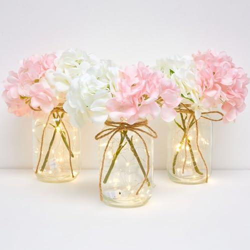 Juinte 4 Sets Mason Jar with Lights Pink and White Hydrangea Decorative Pink White Centerpieces for Tables Mason Jars Flowers Decorations LED Farmhouse Vase for Home Wedding Event Party Decor