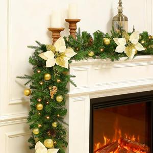 Joyhalo 9ft Christmas Garland Decorations with Lights Battery Operated - Outdoor Prelit Christmas Garland for Mantle, Lighted Xmas Garland Indoor for Stairs Railing Fireplace, Gold