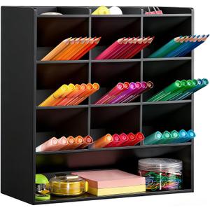 BEYGORM Acrylic Vertical Marker Organizer for 150 Markers with 13 Compartments, Angled Pen & Pencil Holder, Large Desk Stationery & Art Supply Storage for Office & School (10.2 x 9.8 x 4 Inch)
